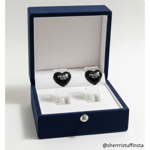 Authentic Prada Milano Black Heart Earrings Upcycled Repurposed Buttons & Box - Picture 1 of 7
